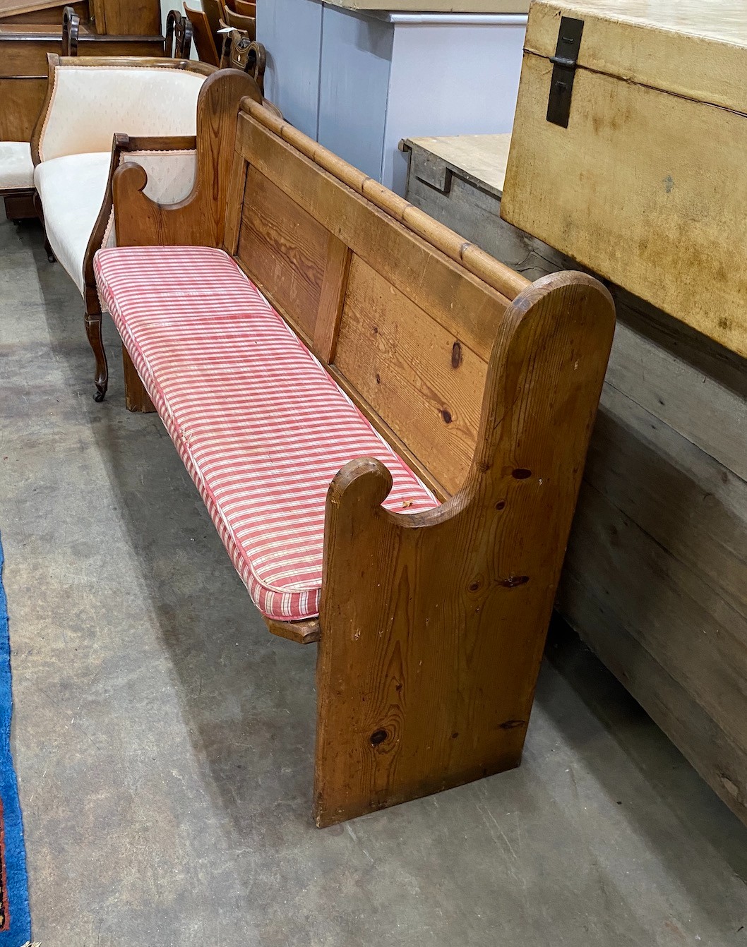 A Victorian pitch pine pew, length 152cm, depth 50cm, height 91cm
